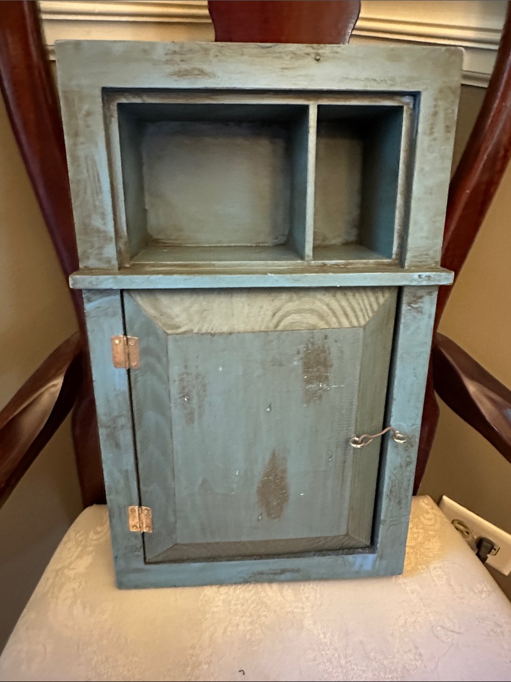 Rustic blue distressed wood farmhouse style shelf with latch door